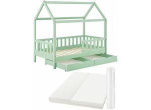 Image of Juskys Kinderbett Marli 90 x 200 cm mit Matratzen, Bettkasten, Rausfallschutz, Lattenroste & Dach - Massivholz Hausbett für Kinder - Bett in Mint