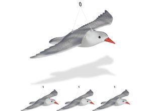 Image of 4 x Vogelschreck Möwe, fliegend, zum Aufhängen, Dekofigur, Taubenschreck für Garten, Balkon, Terrasse, weiß/grau