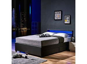 Image of Led Bett nube - Dunkelgrau, 140 x 200 cm - inkl. Lattenroste und Schubladen i Polsterbett Design Bett inkl. Beleuchtung - Home Deluxe