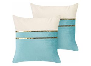 4255664822154 - Beliani - Dekokissen 2er Set in Blau u Beige aus Samt 45 x 45 cm Quadratisch Goldene Streifen Modern Edel Elegant für Wohnzimmer Schlafzimmer Sessel