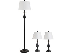 4251774968928 - 3er-Lampenset 2 Tischlampe(ø38 x 158H cm) + 1 Stehlampe(ø30 x 62H cm) Vintage Schwarz+Weiß Metall ps Polyester Baumwolle E27 Lampensockel