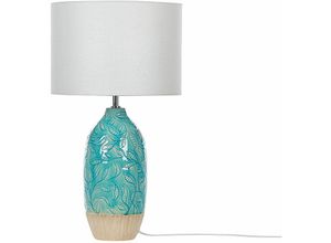 4251682279505 - Tischlampe mit Keramikfuß Türkis 58 cm Blättermotiv Langes Kabel mit Schalter Lampenschirm aus Baumwolle Jute in Weiß Wohnzimmer Schlafzimmer - Weiß