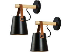 Image of Wandleuchte aus Holz Innen, Moderne Wand Lampe mit Leder Lampenschirm, Eisen Wandbehang Lampe für Schlafzimmer Wohnzimmer Korridor Schwarz 2PCS