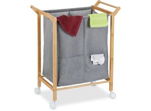 4052025473358 - Wäschekorb 2 Fächer 80 l Wäschesammler auf Rollen Bambus & Stoff h x b x t 76 x 65 x 35 cm natur grau - Relaxdays