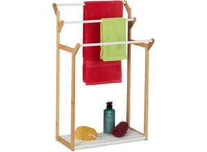 Image of Handtuchhalter mit Ablage, 3 Stangen für Handtücher, Kleidung & Co., hbt: 82 x 50 x 35 cm, Bambus, natur/weiß - Relaxdays