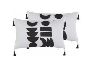 4251682271035 - Dekokissen 2er Set Weiß   Schwarz 50 x 30 cm Polyester mit Fransen Reißverschluss Zierkissen für Küche Esszimmer Wohnzimmer Salon Flur Modern - Weiß