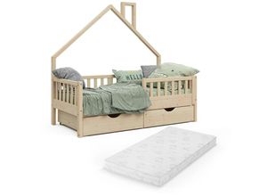 4251421953277 - Kinderbett Noemi 160x80cm Natur mit Matratze Rausfallschutz und Schubladen Vitalispa