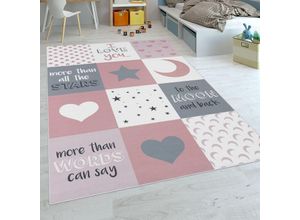 4061981048494 - Kinderteppich Kinderzimmer Mädchen Herzen Sterne Mond Spruch Rosa Grau 160x230 cm - Paco Home