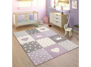 4061981093487 - Kinderteppich Kinderzimmer Kariert Punkte Herzen Sterne In Pastell Lila Grau ø 120 cm Rund - Paco Home