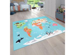 4061981081996 - Paco Home Kinder-Teppich Für Kinderzimmer Spiel-Teppich Weltkarte Mit Tieren In Türkis 120x160 cm