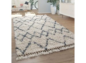 4061981047992 - Shaggy Teppich Wohnzimmer Hochflor Modern Karomuster Rauten In Creme Blau 160x230 cm - Paco Home