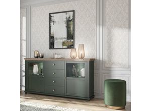 4066075017134 - Lomadox - Sideboard mit Glaseinsätzen und led Beleuchtung EPSOM-83 Landhaus grün mit Lefkas Eiche Nb b h t ca 181 93 42 cm - grün