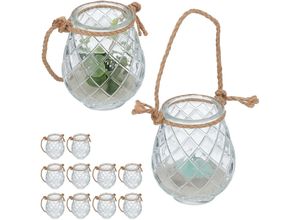 4052025458225 - Windlicht 12er Set Glas Henkel aus Hanfseil innen & außen Teelichthalter 10 x 85 cm transparent natur - Relaxdays