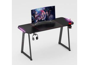 4250263741004 - EXCAPE Gaming Tisch A14 mit LED Beleuchtung 140cm (+10cm Extensions) - Beine in A-Form Carbon-Optik Schreibtisch Gaming-Getränkehalter Kopfhörerhalte -PC Tisch Gamer Desk Größe140cmx60cm