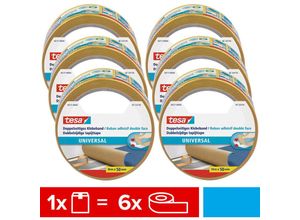 4063565026096 - tesa Doppelseitiges Klebeband Universal im 6er Pack - Vielseitiges Klebeband für Verpackungen Deko und Teppiche oder zum Basteln - 6 Rollen je 10 m