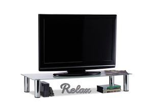 4052025237042 - TV-Tisch Glas verchromte Metallbeine Bildschirmerhöhung rechteckig Glasaufsatz 100x35x17 cm weiß silber - Relaxdays