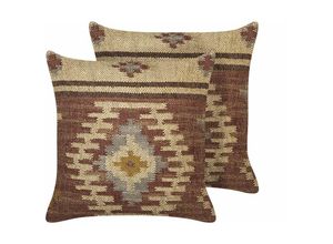 4255664810571 - Beliani - Dekokissen 2er Set Mehrfarbig Jute u Wolle 45x45 cm Quadratisch mit Polyester-Füllung Muster Orientalisch Geometrisch für Wohnzimmer Deko