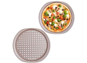 4052025380397 - Relaxdays - Pizzablech 2er Set d 295 cm Knusperblech mit Löchern mit Griffen Pizza & Flammkuchen Stahl braun