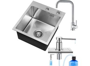 0768607946076 - Spülbecken 40 45 cm ab 40er Unterschrank Küchenspüle mit Über- und Ablaufgarnitur Edelstahl Becken Einbauspüle 304 Poliert +Wasserhahn Gebürstet