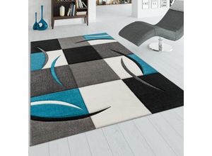 4250857520763 - Designer Teppich mit Konturenschnitt Karo Muster Türkis Grau 60x110 cm - Paco Home 4250857520763 - Designer Teppich mit Konturenschnitt Karo Muster Türkis Grau 60x110 cm - Paco Home