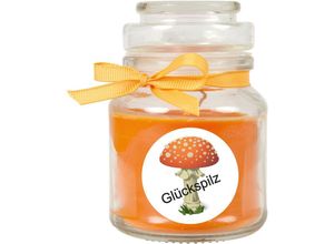 4059222279592 - Hs Candle - Duftkerze im Bonbonglas Viel Glück Duft Honigmelone ( Orange ) 120g - Brenndauer bis zu 30 Stunden Kerze aus Glas mit Duft - Orange