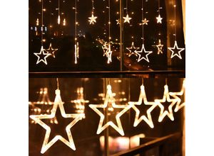 Image of Led Vorhang mit beleuchteten Sternen 2,5Meter1Meter für Weihnachten Party Deko Schmuck Fensterdeko Schaufenster Girlande Dekoration - Warmweiß