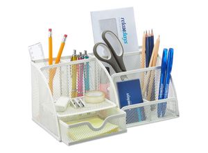 4052025325602 - Schreibtisch Organizer Büro Organizer mit Stiftehalter und Schublade Metall Mesh hbt 13 x 28 x 14 cm weiß - Relaxdays