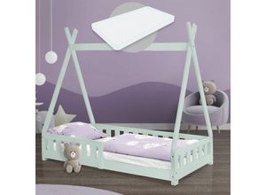 Image of Kinderbett Tipi mit Rausfallschutz und Lattenroste, 80x160 cm, Minzegrün, mit Matratzen - Ml-design