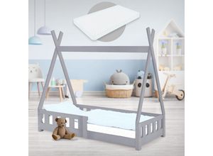 Image of Kinderbett Tipi mit Rausfallschutz und Lattenroste, 70x140 cm, Hellgrau, mit Matratzen - Ml-design