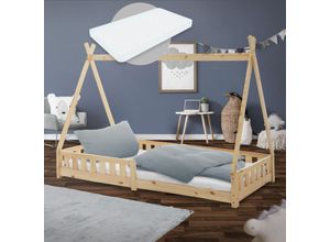 Image of Kinderbett Tipi mit Rausfallschutz und Lattenroste, 90x200 cm, Natur, mit Matratzen H:10cm - Ml-design