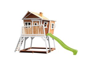 8717973933359 - Spielhaus Max mit Sandkasten & hellgrüner Rutsche | Stelzenhaus in Braun & Weiß aus fsc Holz für Kinder | Spielturm mit Wellenrutsche für den Garten