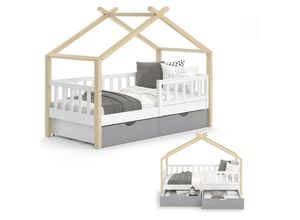 4066731126804 - VitaliSpa Kinderbett Hausbett Einzelbett Design Weiß Grau Natur modern 80x160 cm Kinderzimmer Bett Massivholz Lattenrost Schublade Rausfallschutz Schubladenbett