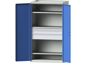 4014641095369 - eurokraft pro Schwerlastschrank aus Stahl 3 Fachböden Schubladen 1 x 60 mm 1 x 120 mm 1 x 180 mm hoch lichtgrau lichtblau