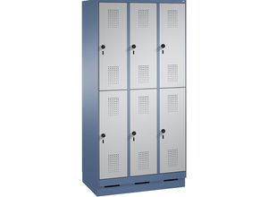 4059369557683 - EVOLO Garderobenschrank doppelstöckig mit Sockel 3 Abteile je 2 Fächer Abteilbreite 300 mm fernblau   weißaluminium