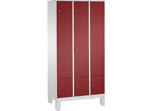 4056211570586 - EVOLO Fächerschrank mit Füßen 3 Abteile je 5 Fächer Abteilbreite 300 mm lichtgrau   rubinrot