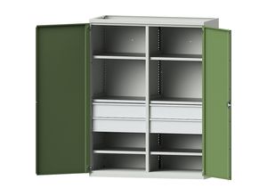 4014641095680 - eurokraft pro Schwerlastschrank JUMBO aus Stahlblech 6 Fachböden 4 Schubladen 180 mm hoch lichtgrau resedagrün