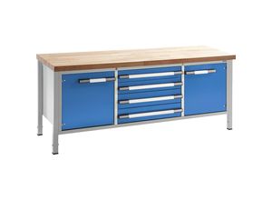 4061753039095 - eurokraft pro Höhenverstellbare Werkbank Gestellbauweise Breite 2000 mm 4 Schubladen 2 Türen grau   blau