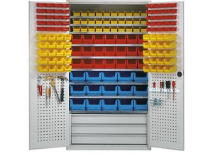 4250633311158 - mauser Großraumschrank 9 Fachböden 146 Sichtlagerkästen 3 Schubladen lichtgrau