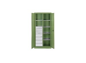 4025314756340 - Materialschrank aus Stahlblech 6 Fachböden 8 Schubladen HxBxT 1950 x 930 x 500 mm resedagrün 4025314756340 - Materialschrank aus Stahlblech 6 Fachböden 8 Schubladen HxBxT 1950 x 930 x 500 mm resedagrün
