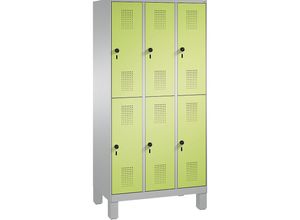 4059096738225 - EVOLO Garderobenschrank doppelstöckig mit Füßen 3 Abteile je 2 Fächer Abteilbreite 300 mm weißaluminium   viridingrün