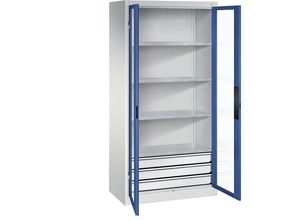 4064615161415 - Sichtfenster-Flügeltürschrank HxBxT 1950 x 930 x 500 mm 4 Fachböden 3 Schubladen lichtgrau   enzianblau