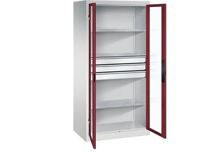 4064615165390 - Sichtfenster-Flügeltürschrank HxBxT 1950 x 930 x 600 mm 3 Fachböden 3 Schubladen lichtgrau   rubinrot