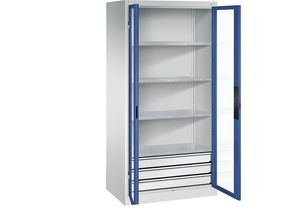 4064615165444 - Sichtfenster-Flügeltürschrank HxBxT 1950 x 930 x 600 mm 4 Fachböden 3 Schubladen lichtgrau   enzianblau