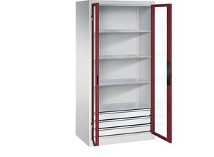 4064615165239 - Sichtfenster-Flügeltürschrank HxBxT 1950 x 930 x 600 mm 4 Fachböden 3 Schubladen lichtgrau   rubinrot