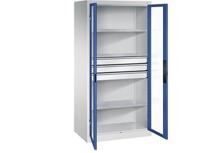 4064615679569 - Sichtfenster-Flügeltürschrank HxBxT 1950 x 930 x 600 mm 3 Fachböden 3 Schubladen lichtgrau   enzianblau