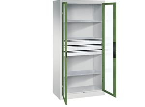 4064615162009 - Sichtfenster-Flügeltürschrank HxBxT 1950 x 930 x 500 mm 3 Fachböden 3 Schubladen lichtgrau   resedagrün