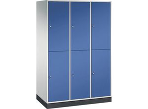 4050646296387 - INTRO doppelstöckiger Stahl-Garderobenschrank BxT 1220 x 600 mm 6 Fächer Korpus lichtgrau Türen enzianblau