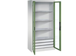 4064615161699 - Sichtfenster-Flügeltürschrank HxBxT 1950 x 930 x 500 mm 4 Fachböden 3 Schubladen lichtgrau   resedagrün