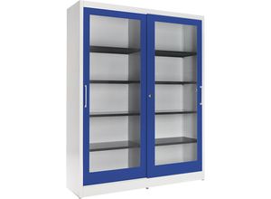 4250633324462 - mauser Schiebetürschrank mit Glasfront 8 Fachböden Mitteltrennwand HxBxT 1965 x 1600 x 420 mm lichtgrau   ultramarinblau