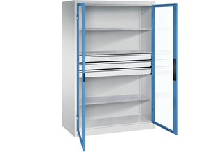 4064615184148 - Sichtfenster-Flügeltürschrank HxBxT 1950 x 1200 x 600 mm 3 Fachböden 3 Schubladen lichtgrau   lichtblau